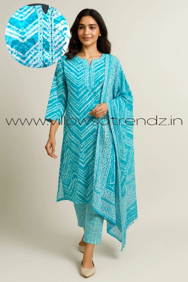 Twill Blue Cotton kurti with Phant and Shawl | L | Sky Blue| 466 - L, Sky Blue