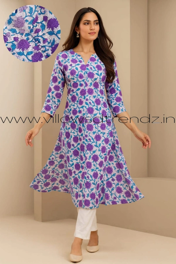 Twill Blue Cotton Kurtis| Purple Florel | KKC003 - M, Purple Florel