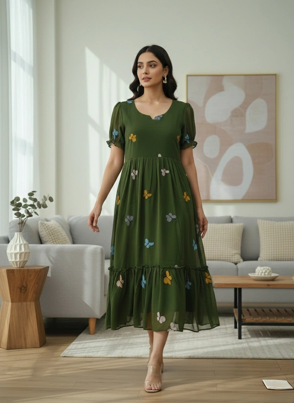 Ruthvi Ethnics Designer Butterfly Kurti with Lining| Gown| 3/4th Sleeve| Georgette Fabric with Butterfly Embroidery| Green | BG43001 - Green, XL
