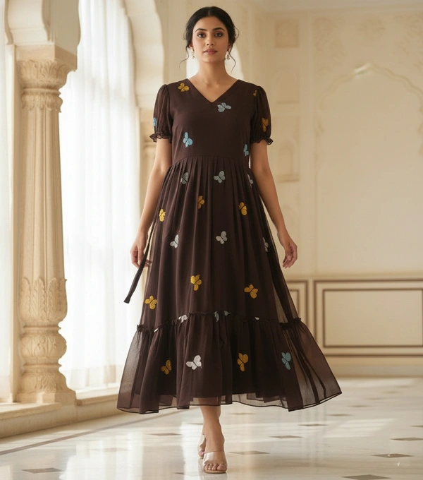 Ruthvi Ethnics Designer Butterfly Kurti with Lining| Gown| 3/4th Sleeve| Georgette Fabric with Butterfly Embroidery| Dark brown | BG43004 - Dark brown, XL