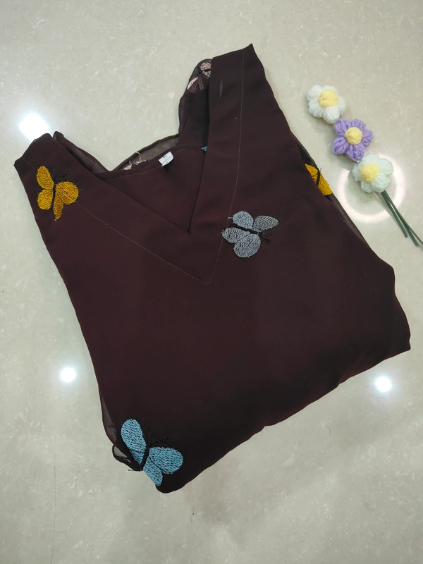 Ruthvi Ethnics Designer Butterfly Kurti with Lining| Gown| 3/4th Sleeve| Georgette Fabric with Butterfly Embroidery| Dark brown | BG43004 - Dark brown, XL