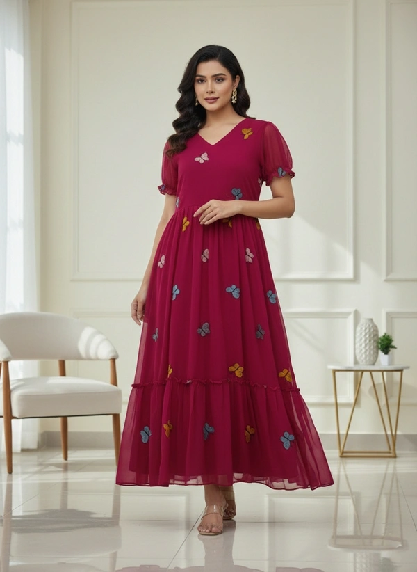 Ruthvi Ethnics Designer Butterfly Kurti with Lining| Gown| 3/4th Sleeve| Georgette Fabric with Butterfly Embroidery| Rani pink | BG43002 - Rani pink, XL