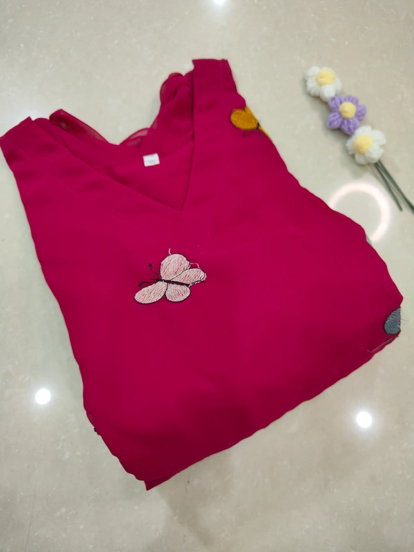 Ruthvi Ethnics Designer Butterfly Kurti with Lining| Gown| 3/4th Sleeve| Georgette Fabric with Butterfly Embroidery| Rani pink | BG43002 - Rani pink, XL
