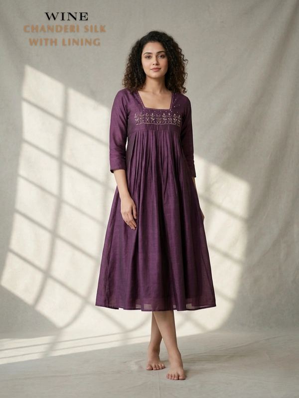 Minmini Designer Frock | 3/4th Sleeve| Chanderi Silk Yoke Work|with Lining| Wine | FW550013 - L, Wine