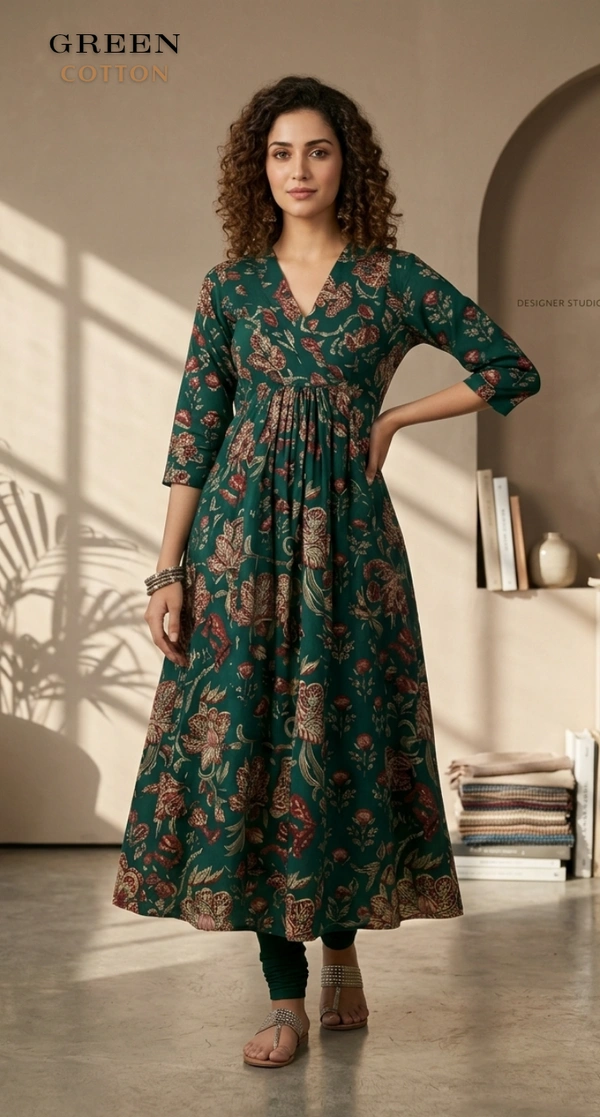 Minmini Designer Frock | 3/4th Sleeve| Coton| Green | FW46001 - 2XL, Green