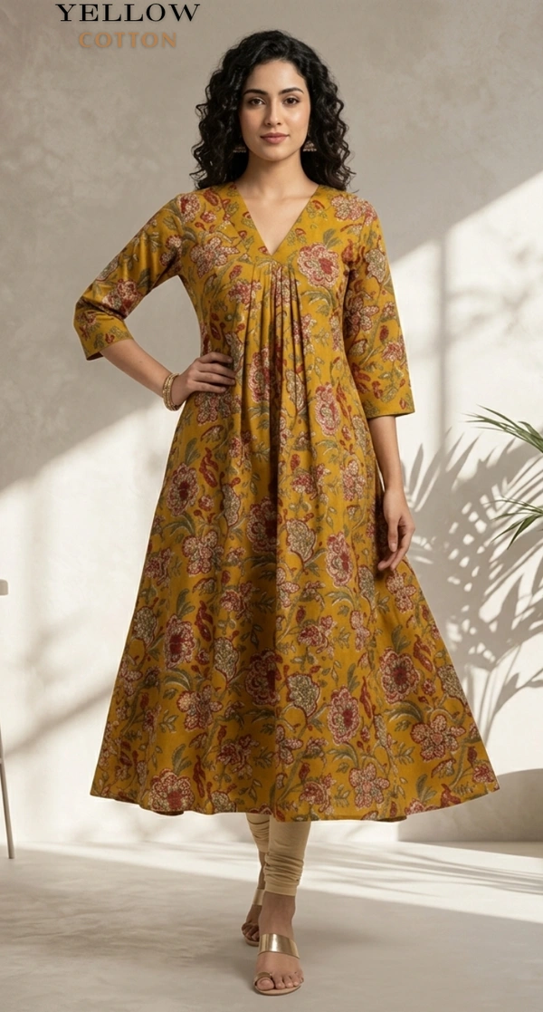 Minmini Designer Frock | 3/4th Sleeve| Coton|Yellow | FW46003 - L, Yellow