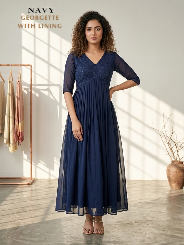 Minmini Designer Frock | 3/4th Sleeve| Georgette |with Lining| Navy | FW550015 - M, Navy