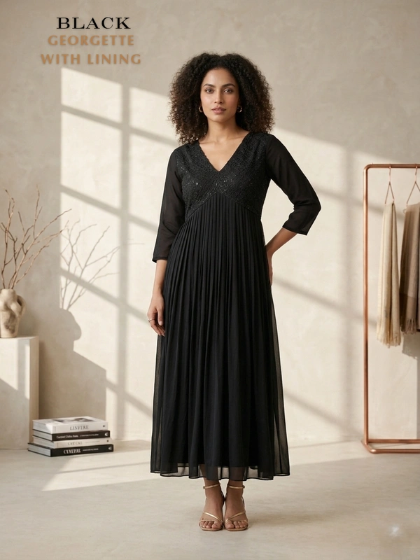 Minmini Designer Frock | 3/4th Sleeve| Georgette |with Lining| Black | FW55006 - M, Black