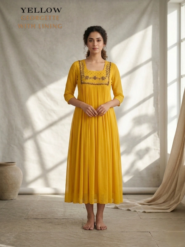 Minmini Designer Frock | 3/4th Sleeve| Georgette Yoke Work|with Lining| Yellow | FW550011 - 3XL, Yellow