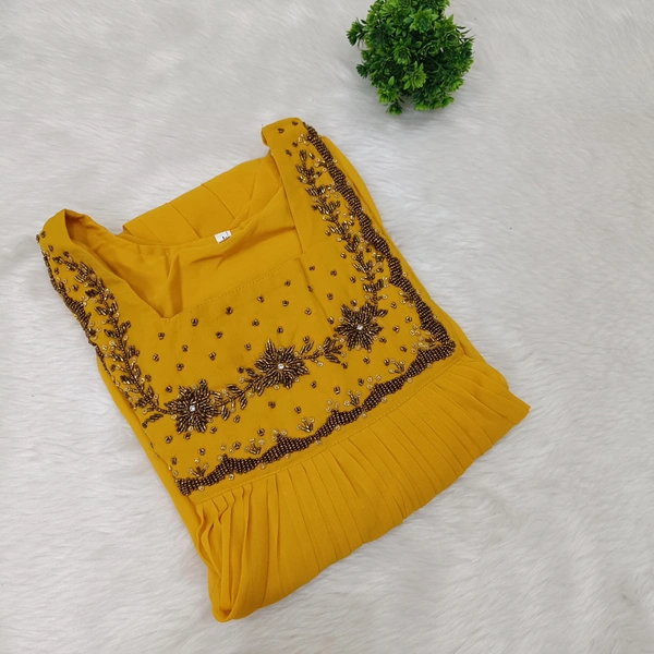 Minmini Designer Frock | 3/4th Sleeve| Georgette Yoke Work|with Lining| Yellow | FW550011 - 3XL, Yellow