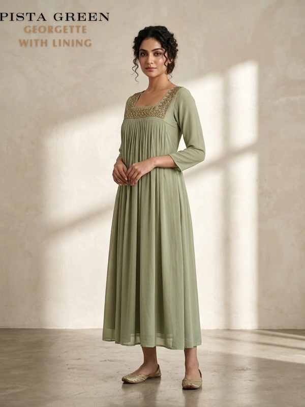Minmini Designer Frock | 3/4th Sleeve| Georgette Yoke Work|with Lining| Pista Green | FW45502 - L, Pista Green
