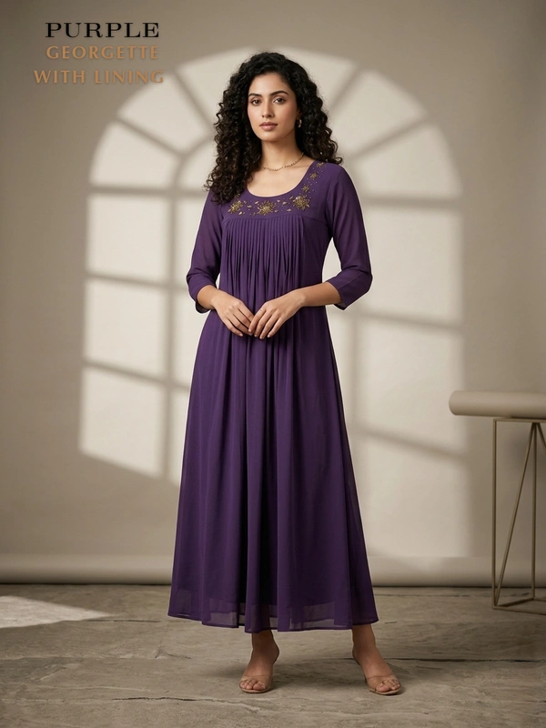 Minmini Designer Frock | 3/4th Sleeve| Georgette Yoke Work|with Lining| Purple | FW45501 - L, Purple