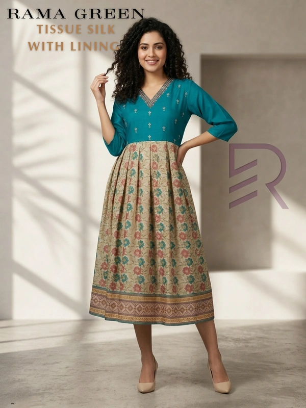 Minmini Designer Frock | 3/4th Sleeve| Tissue Silk | Rama Green | FW46005 - XL, Rama Green