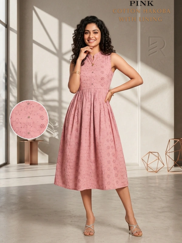 Minmini Designer Frock | Half Sleeve| Cotton Hakoba |with Lining| Pink | FW43001 - S, Pink
