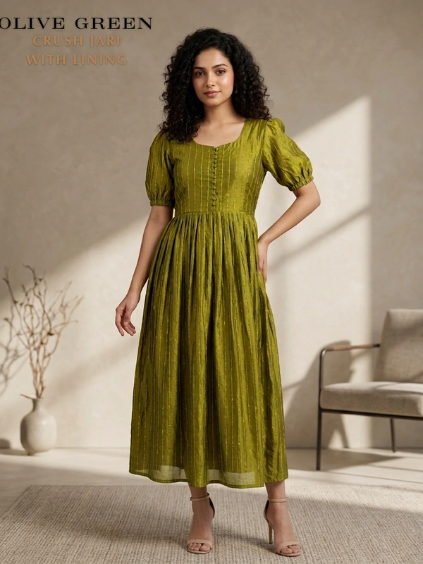 Minmini Designer Frock | Puff Sleeve| Crush Jari |with Lining| Olive Green | FW415001 - M, Olive Green