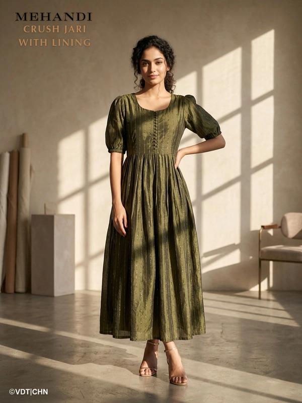 Minmini Designer Frock | Puff Sleeve| Crush Jari |with Lining| Mehandi| FW415007 - L, Mehandi