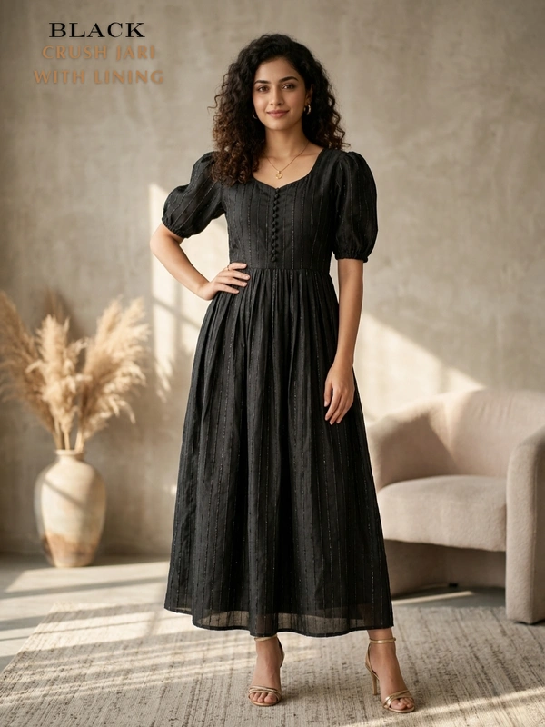 Minmini Designer Frock | Puff Sleeve| Crush Jari |with Lining| Black | FW415003 - M, Black