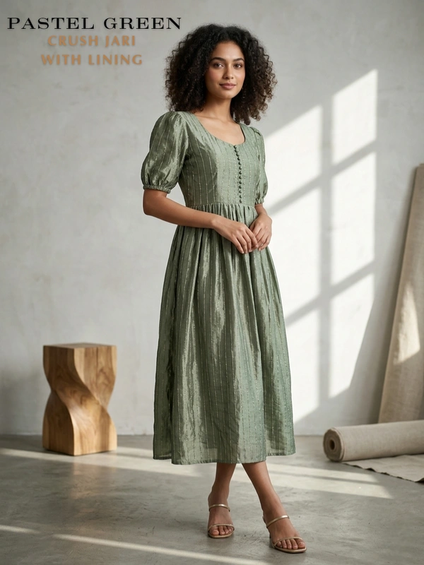 Minmini Designer Frock | Puff Sleeve| Crush Jari |with Lining| Pastel Green | FW415002 - 2XL, Pastel Green
