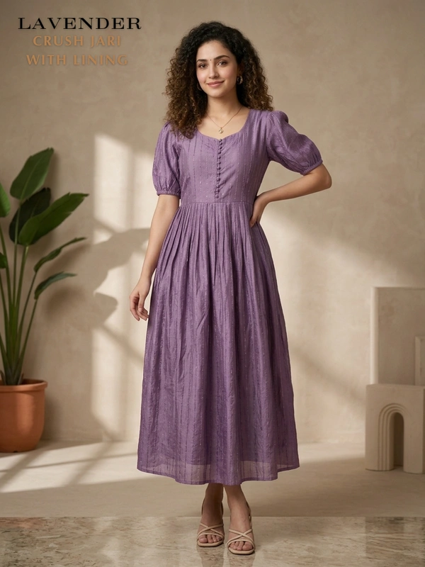Minmini Designer Frock | Puff Sleeve| Crush Jari |with Lining| Lavender | FW415006 - M, Lavender