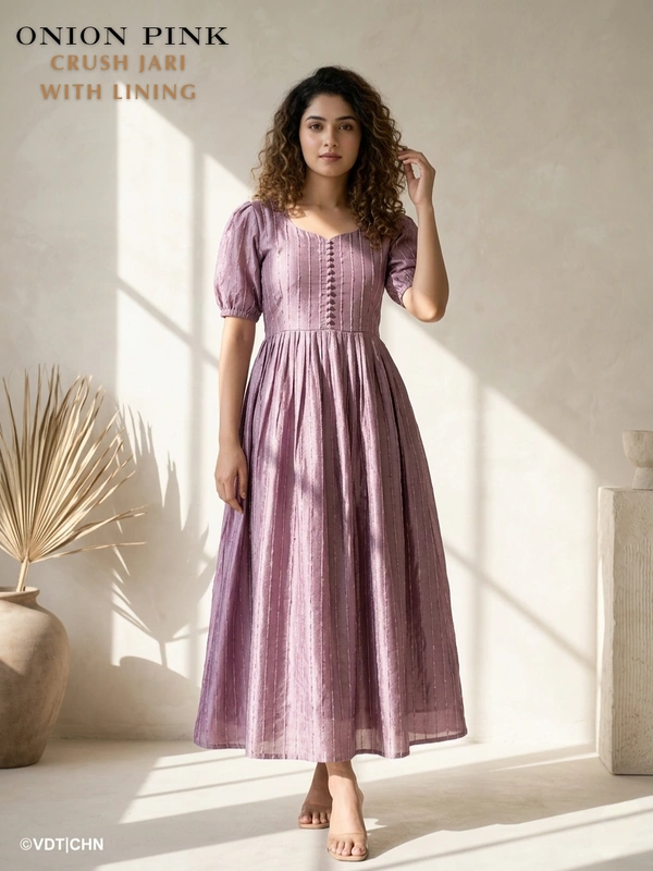 Minmini Designer Frock | Puff Sleeve| Crush Jari |with Lining| Onion Pink | FW415004 - L, Onion Pink