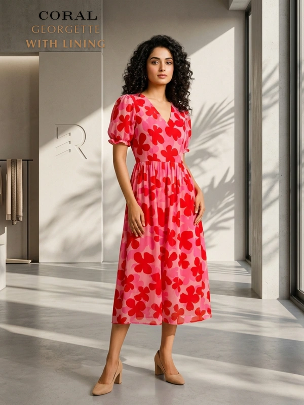 Minmini Designer Frock | Puff Sleeve| Georgette|with Lining| Coral | FW29003 - L, Coral