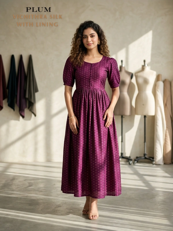 Minmini Designer Frock | Puff Sleeve| Vichithra Silk |with Lining| Plum | FW55002 - M, Plum