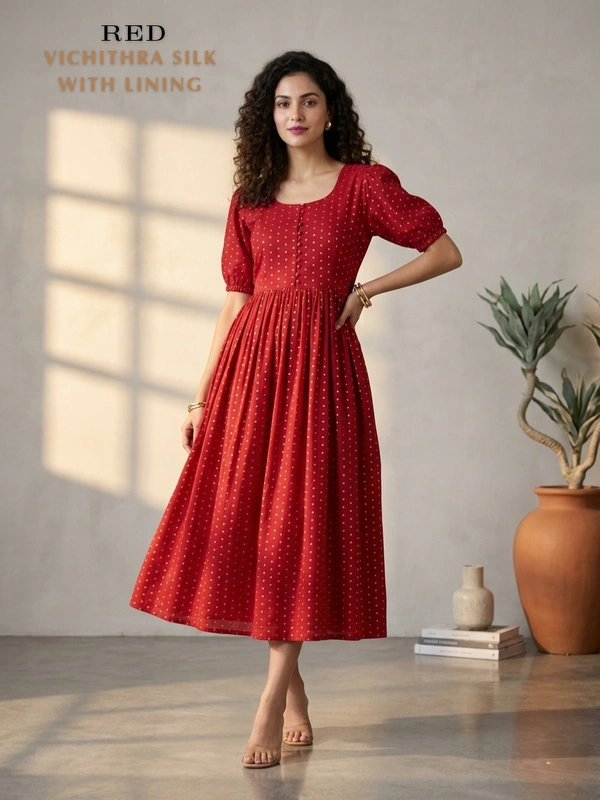 Minmini Designer Frock | Puff Sleeve| Vichithra Silk |with Lining| Red | FW550012 - 2XL, Red
