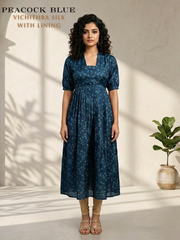 Minmini Designer Frock | Puff Sleeve| Vichithra Silk |with Lining| Peacock Blue | FW55003 - 2XL, Peacock Blue