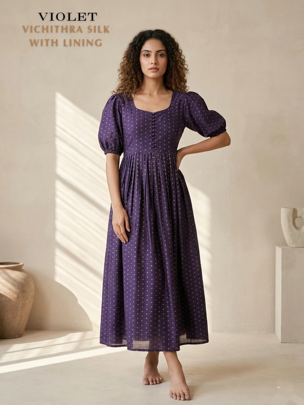 Minmini Designer Frock | Puff Sleeve| Vichithra Silk |with Lining| Violet | FW55001 - M, Violet