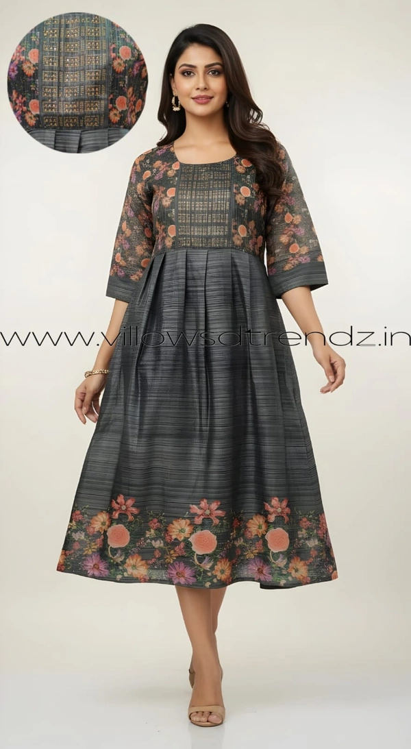Ruthvi Ethnics Designer Kurti with Lining| Gown| 3/4th Sleeve| Ash | BT003 - M, Ash