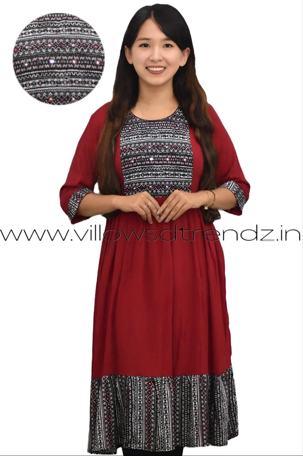 Ruthvi Ethnics Designer Kurti with Lining| Gown| 3/4th Sleeve| Maroon | KL45503 - XL, Maroon