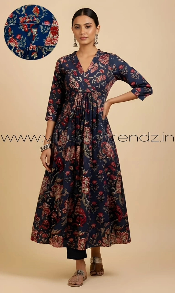 Ruthvi Ethnics Designer Kurti with Lining| Gown| 3/4th Sleeve|Blue | KL46002 - XL, Blue