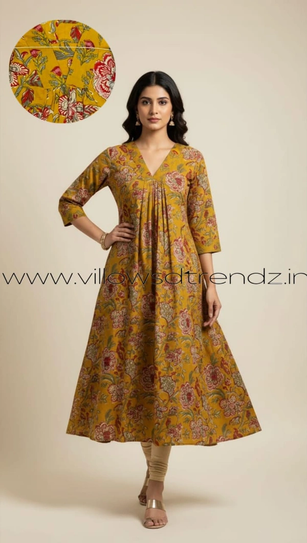 Ruthvi Ethnics Designer Kurti with Lining| Gown| 3/4th Sleeve|Yellow | KL46003 - M, Yellow