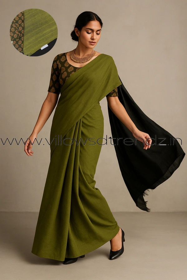 Ruthvi Ethincs Dualtone Khadi With Blouse DK32021001 - Green, Saree With Blouse