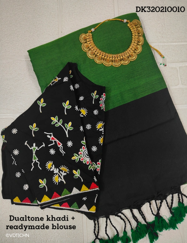 Ruthvi Ethincs Dualtone Khadi With Blouse DK320210010 - Peacock Blue, Saree With Blouse