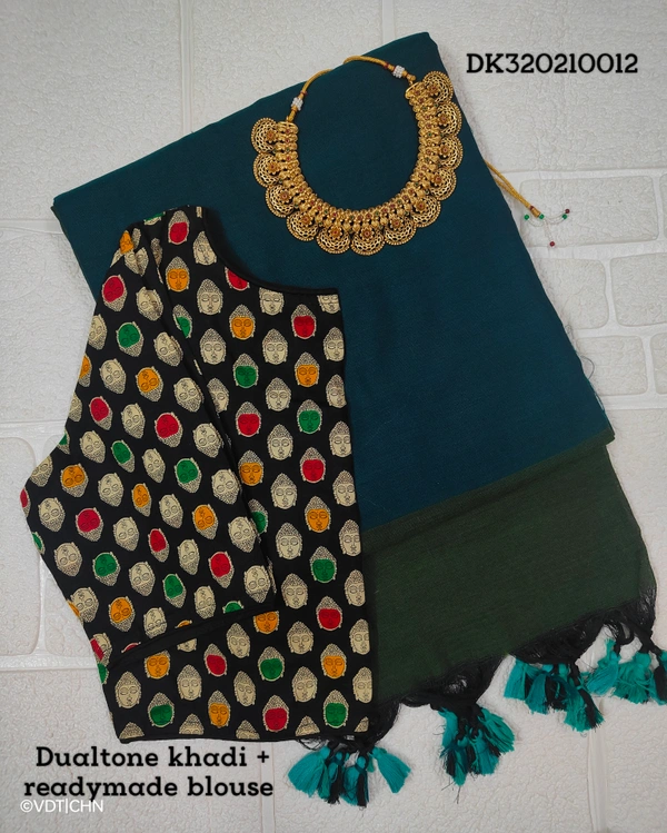 Ruthvi Ethincs Dualtone Khadi With Blouse DK320210012 - Peacock Green, Saree With Blouse