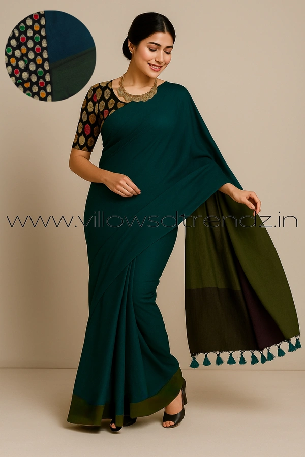 Ruthvi Ethincs Dualtone Khadi With Blouse DK320210012 - Peacock Green, Saree With Blouse
