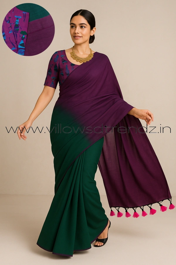 Ruthvi Ethincs Dualtone Khadi With Blouse DK320210014 - Peacock Blue, Saree With Blouse