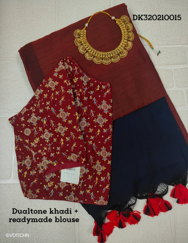 Ruthvi Ethincs Dualtone Khadi With Blouse DK320210015 - Maroon, Saree With Blouse
