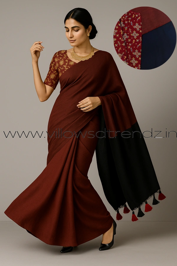 Ruthvi Ethincs Dualtone Khadi With Blouse DK320210015 - Maroon, Saree With Blouse