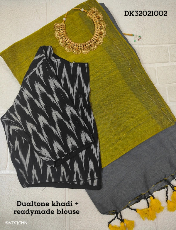 Ruthvi Ethincs Dualtone Khadi With Blouse DK32021002 - Golden Green, Saree With Blouse