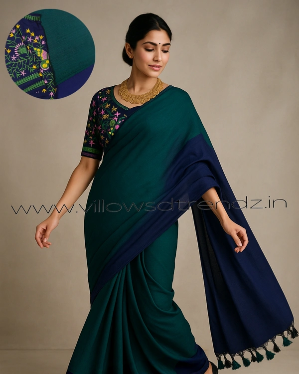 Ruthvi Ethincs Dualtone Khadi With Blouse DK32021003 - Peacock Green, Saree With Blouse