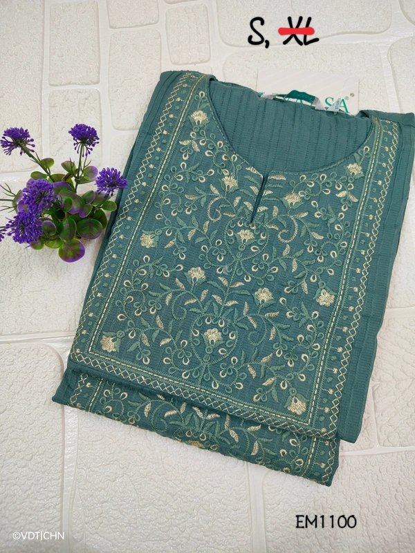 Twill Blue Embrodiery Popcorn Kurti EM1100 - Rama Green, S