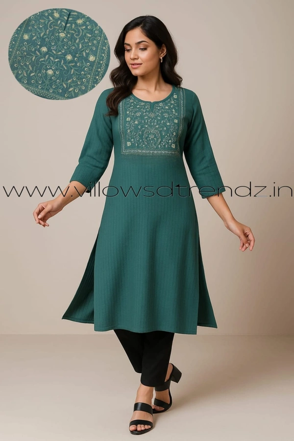 Twill Blue Embrodiery Popcorn Kurti EM1100 - Rama Green, S