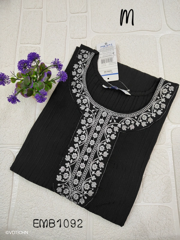 Twill Blue Embrodiery Popcorn Kurti EMB1092 - Black, M