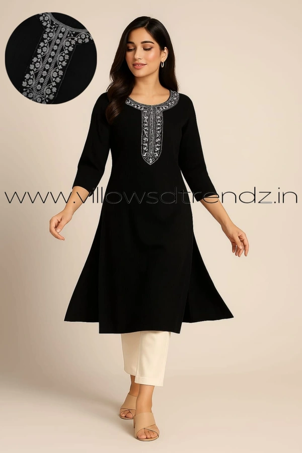 Twill Blue Embrodiery Popcorn Kurti EMB1092 - Black, M