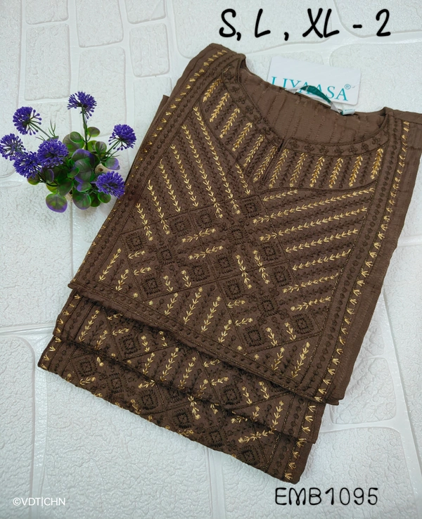 Twill Blue Embrodiery Popcorn Kurti EMB1095 - Brown, S