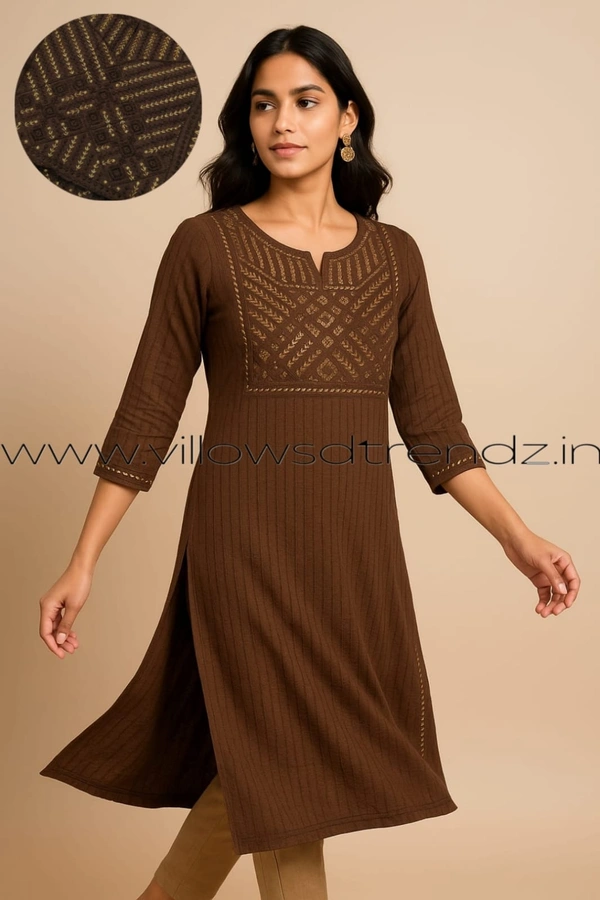 Twill Blue Embrodiery Popcorn Kurti EMB1095 - Brown, S