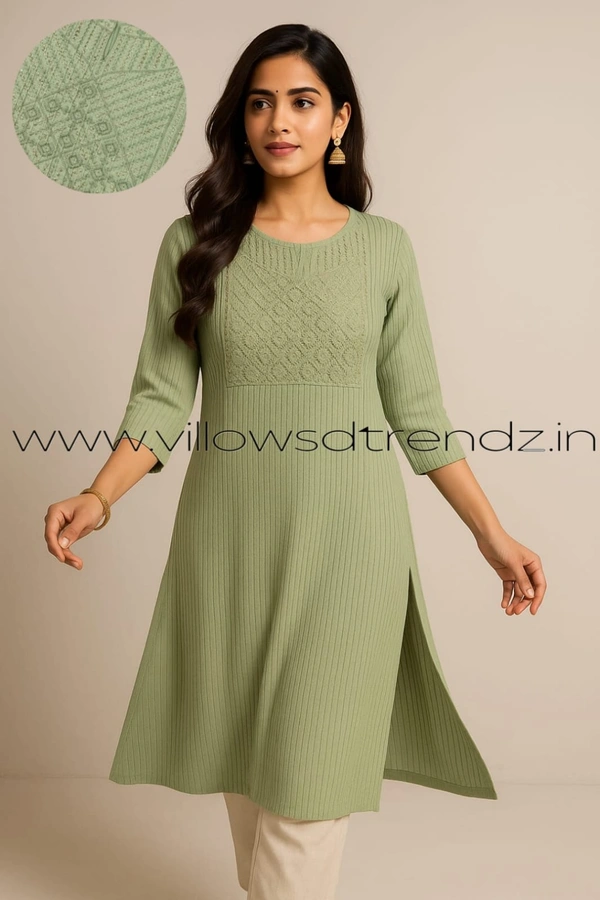 Twill Blue Embrodiery Popcorn Kurti EMB1101 - Green, 2XL