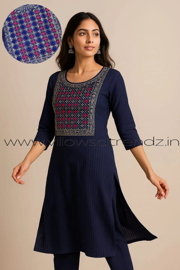 Twill Blue Embrodiery Popcorn Kurti EMB25501 - Blue, XL